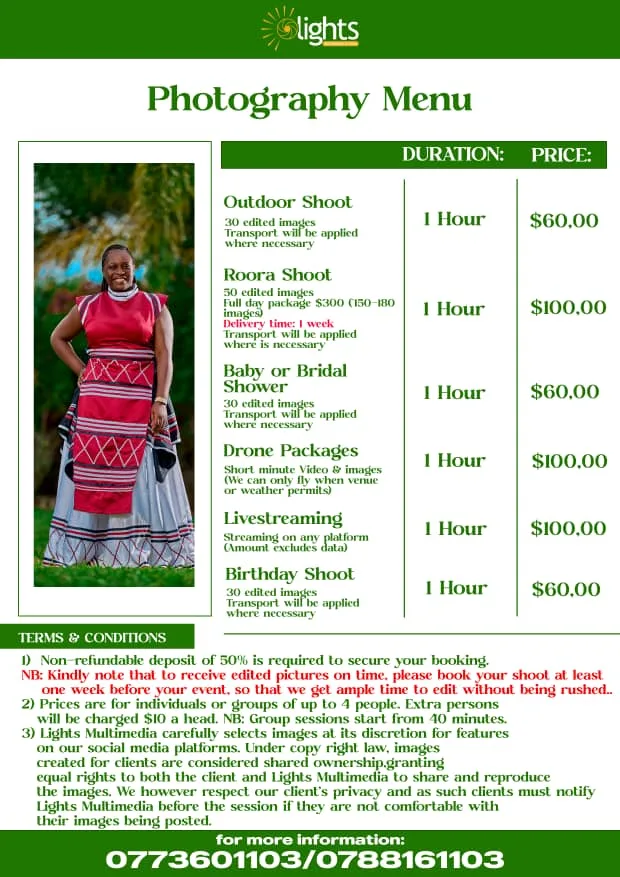 Photography price list