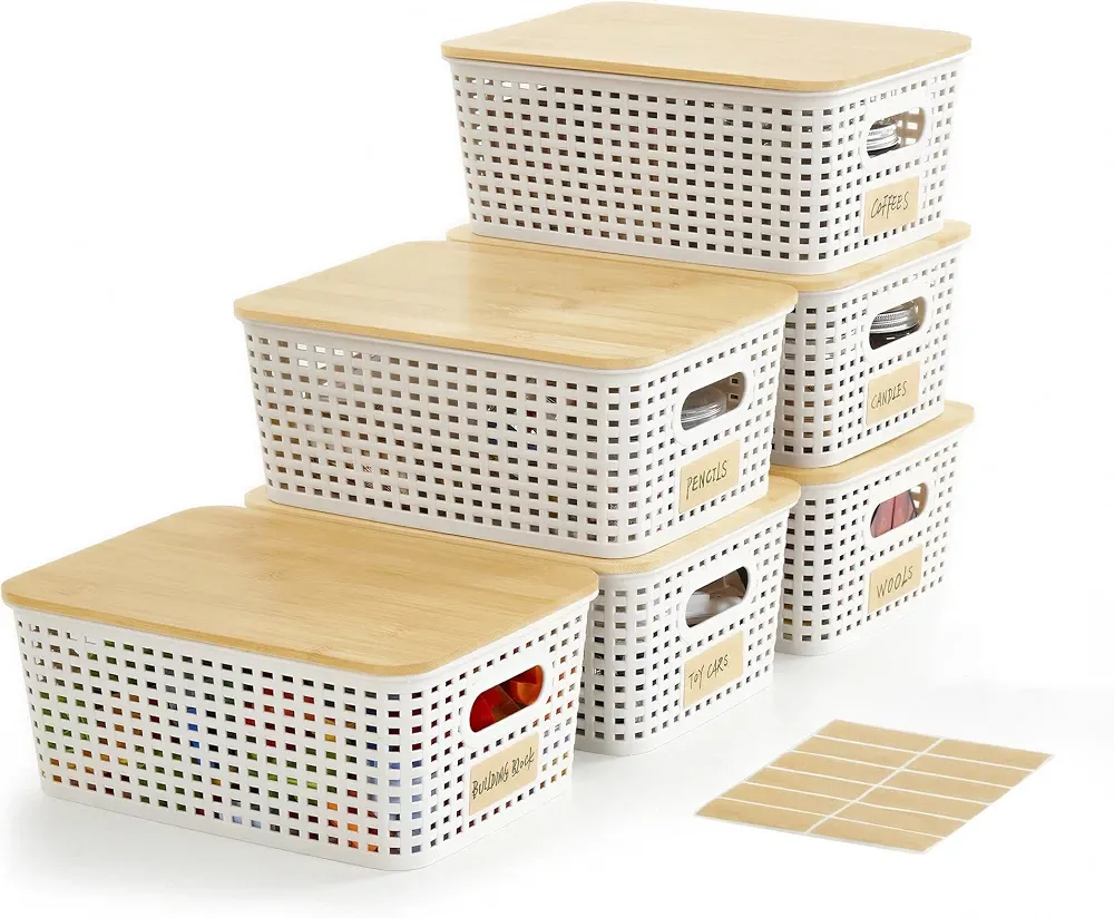 Set of 6 White Storage Baskets with Lids