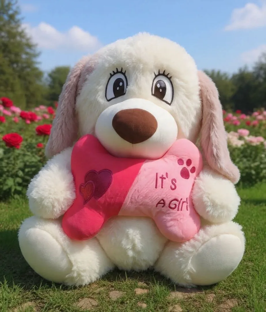 Plush Dog Toy with 'It's a Girl' Bone