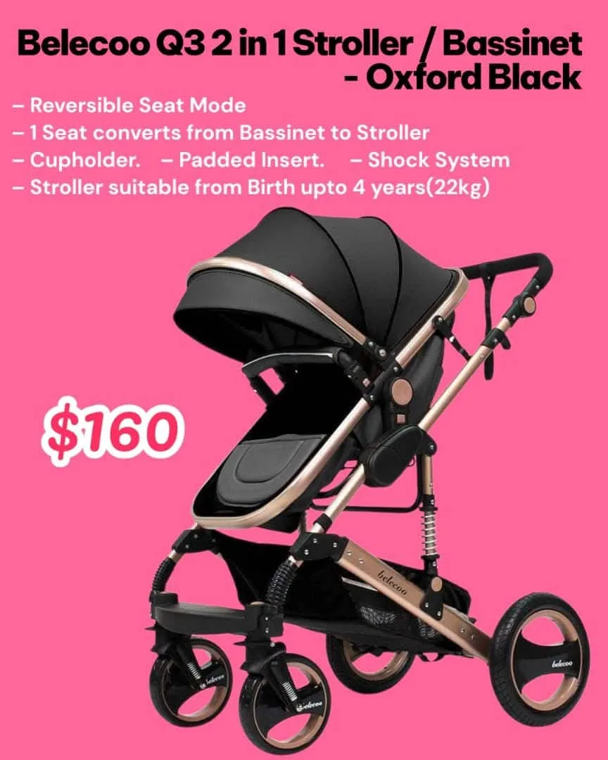 Belecoo Q3 2 in 1 Stroller/Bassinet - Oxford Black