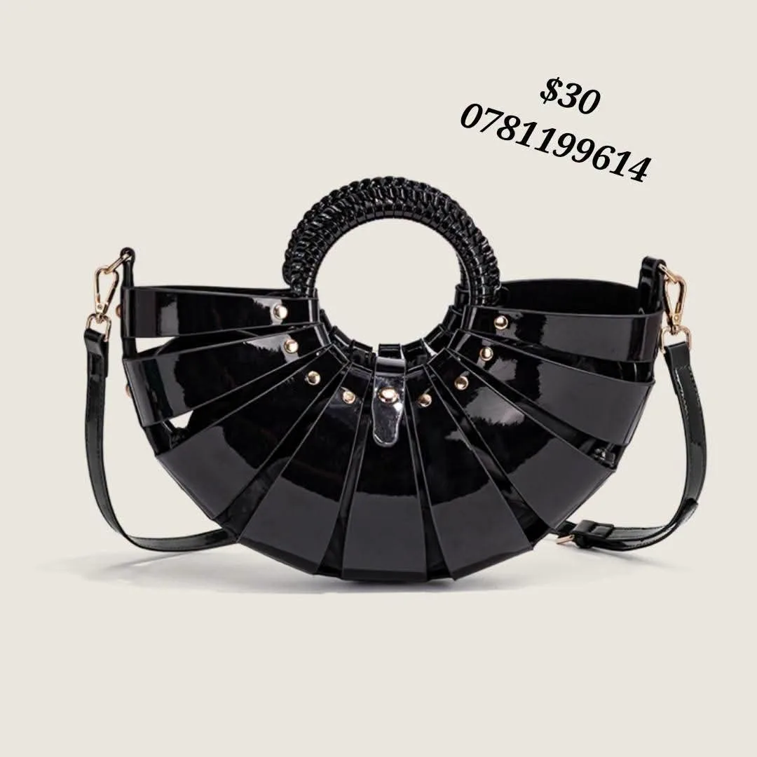 Black Glossy Handbag with Woven Handle
