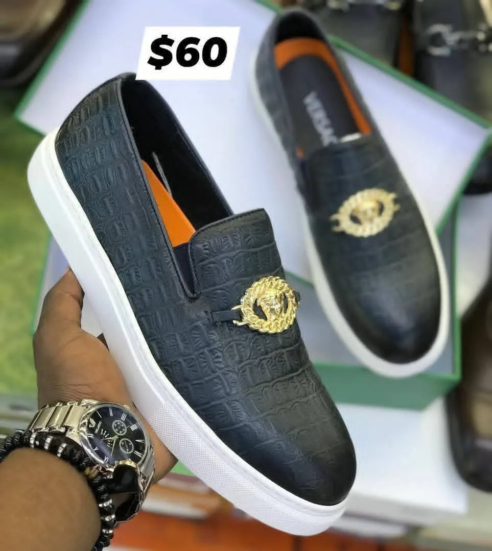 Men's Black Slip-On Loafers with Gold Detail