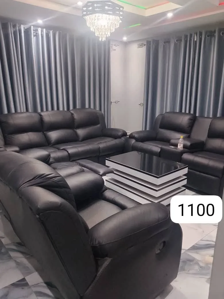 Black Leather Sofa Set with Coffee Table