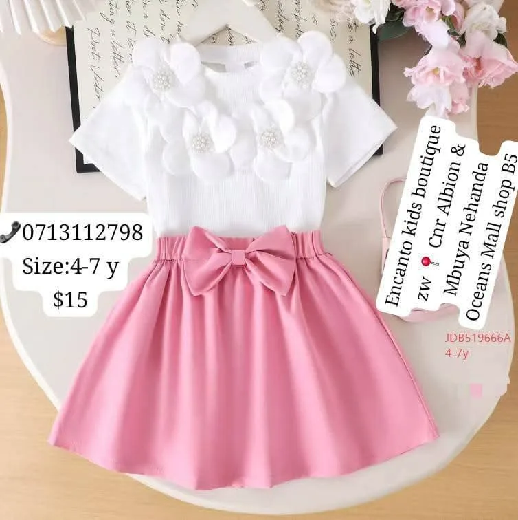 Girls' Floral Top and Pink Skirt Set