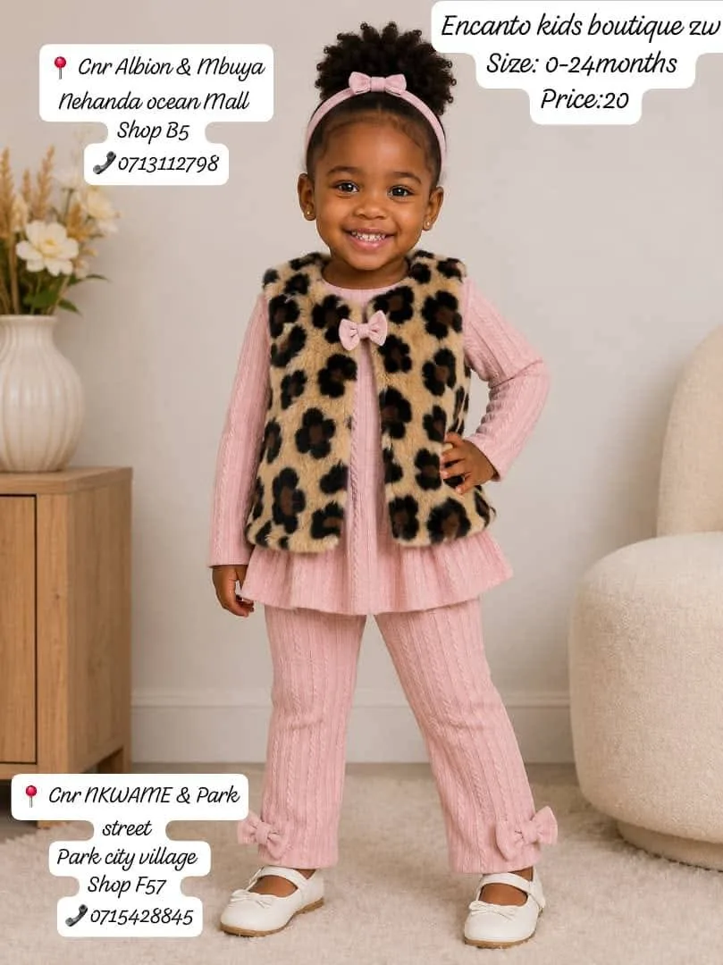 Pink Ribbed Outfit with Leopard Print Vest for Babies