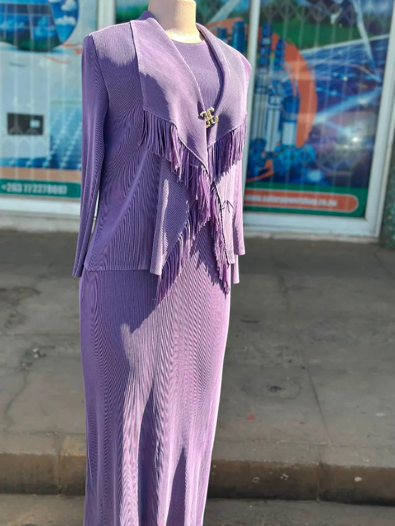 Purple Pleated Dress with Fringe Detail