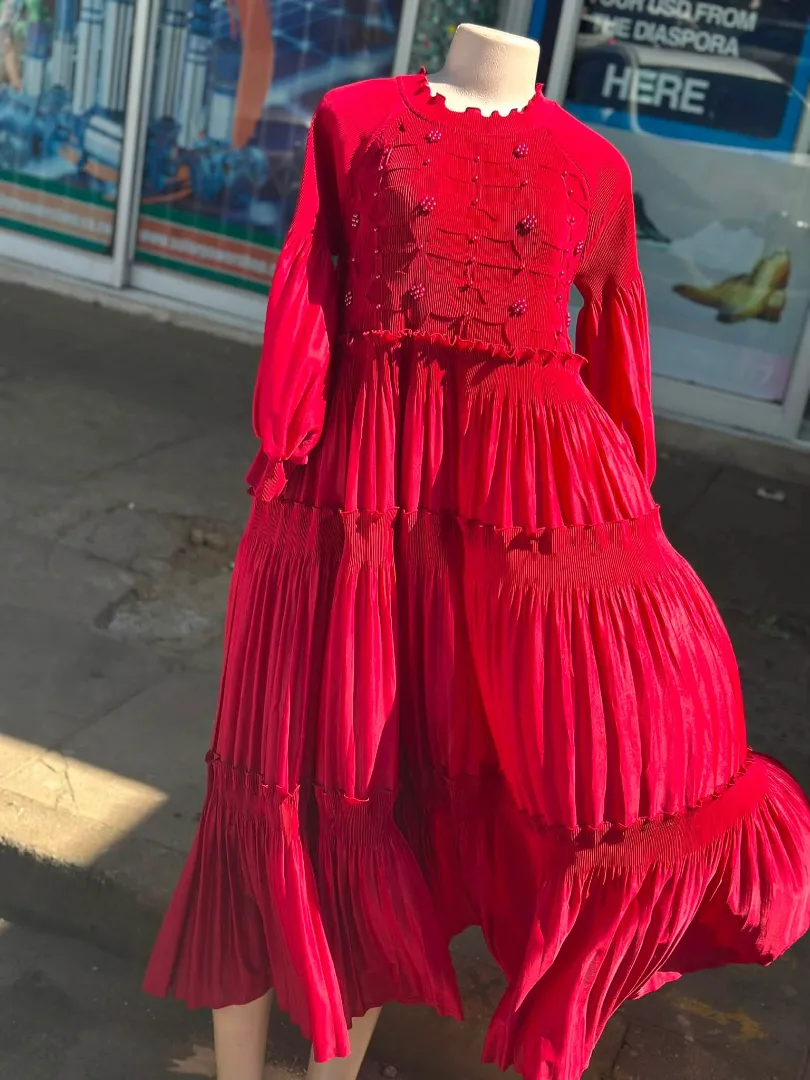 Red Pleated Long Dress