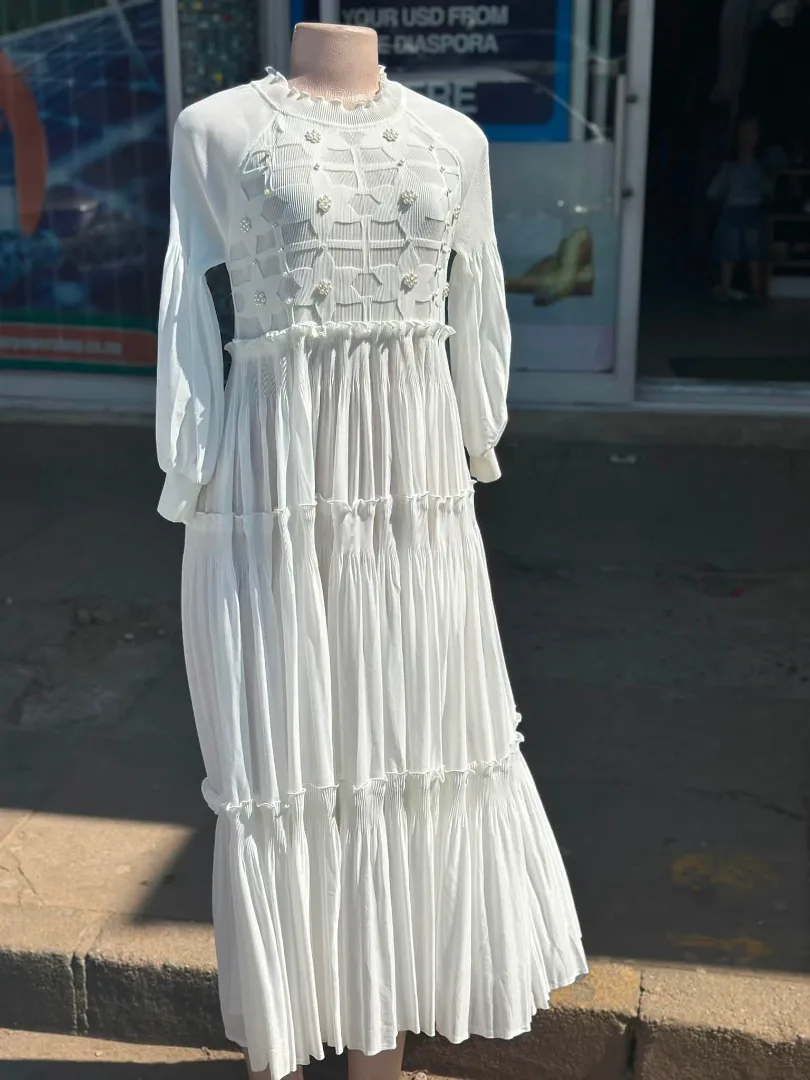 White Long-Sleeve Dress with Embellishments