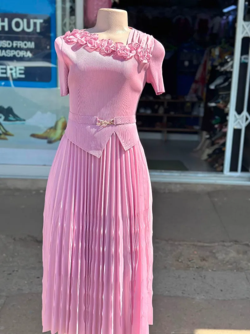 Pink Pleated Dress with Floral Detail