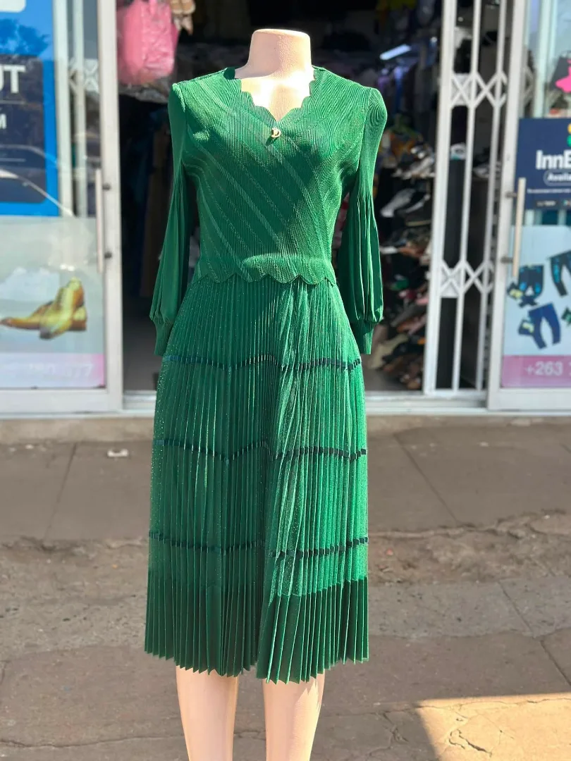 Green Pleated Midi Dress