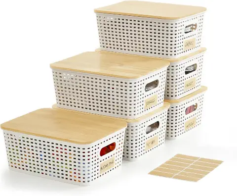 Set of 6 White Storage Baskets with Lids